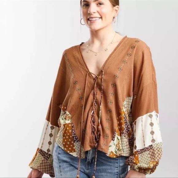 Miss Me Tops - Miss Me Women's Bohemian Patchwork Peasant Lace-Up V-neck Blouse Size L …